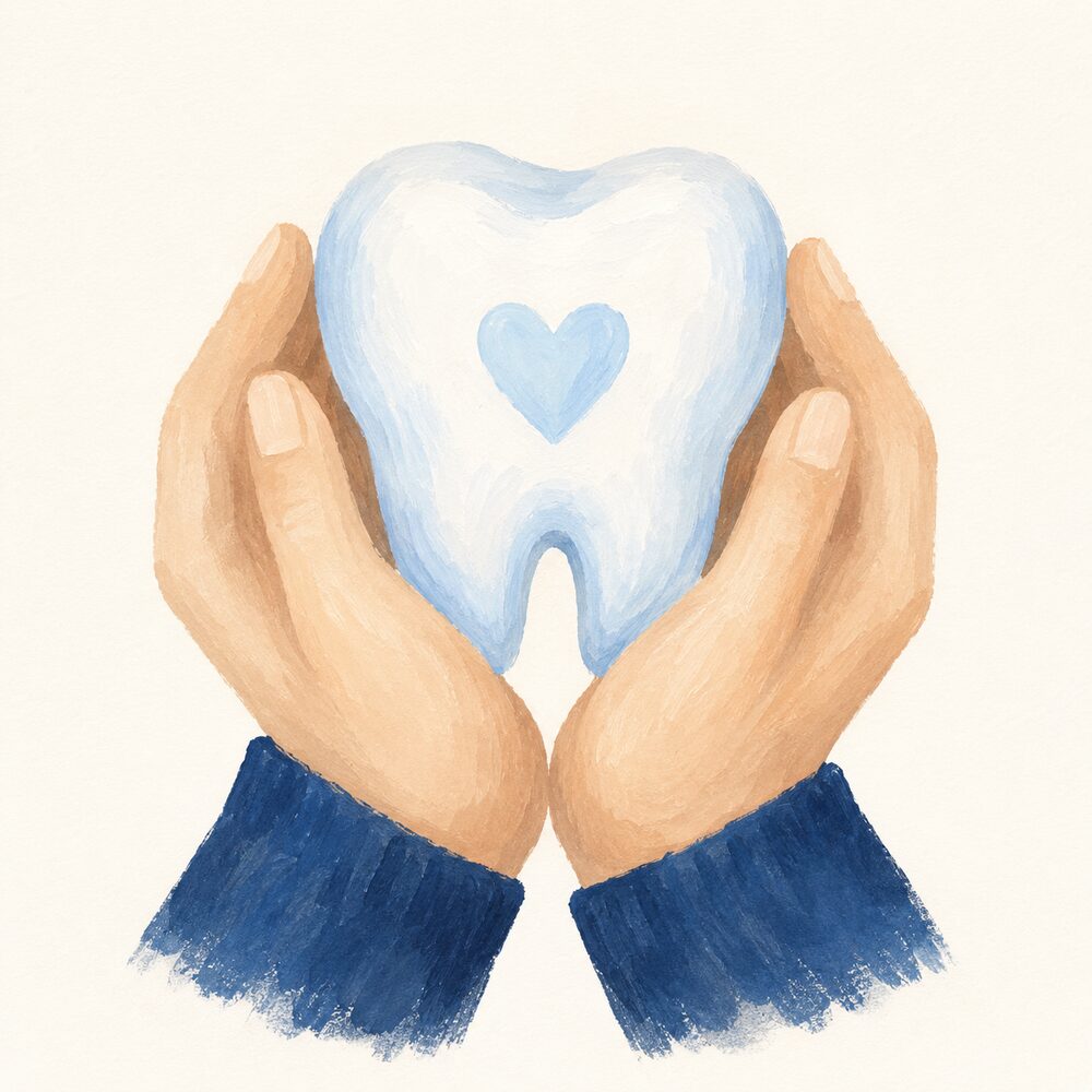 Des mains tenant une dent avec un coeur